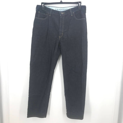 Lands End Stretch Straight Legs Denim Jeans High Rise Solid Dark Blue Size 36