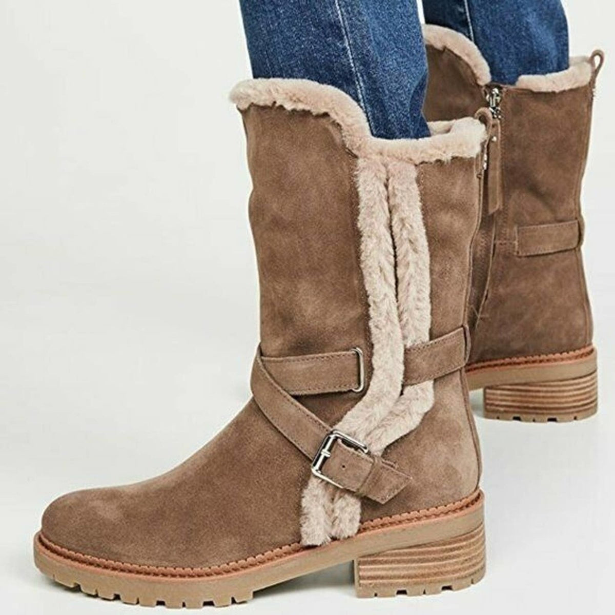 Sam Edelman Faux Fur Jailyn Boots Round Toe Adjustable Buckle Strap Suede 10 US