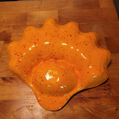 Vintage Orange Splatterware Chip Dip Clamshell Shaped Bowl Ceramic 1970s