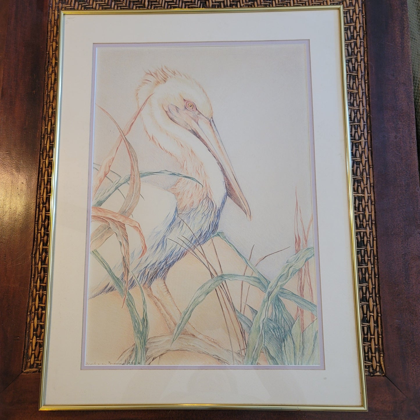 Original Louise Freshman Brown 1986 Framed Glass Blue heron / pelican pencil Art
