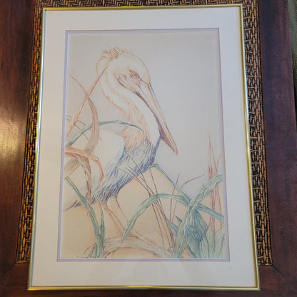 Original Louise Freshman Brown 1986 Framed Glass Blue heron / pelican pencil Art