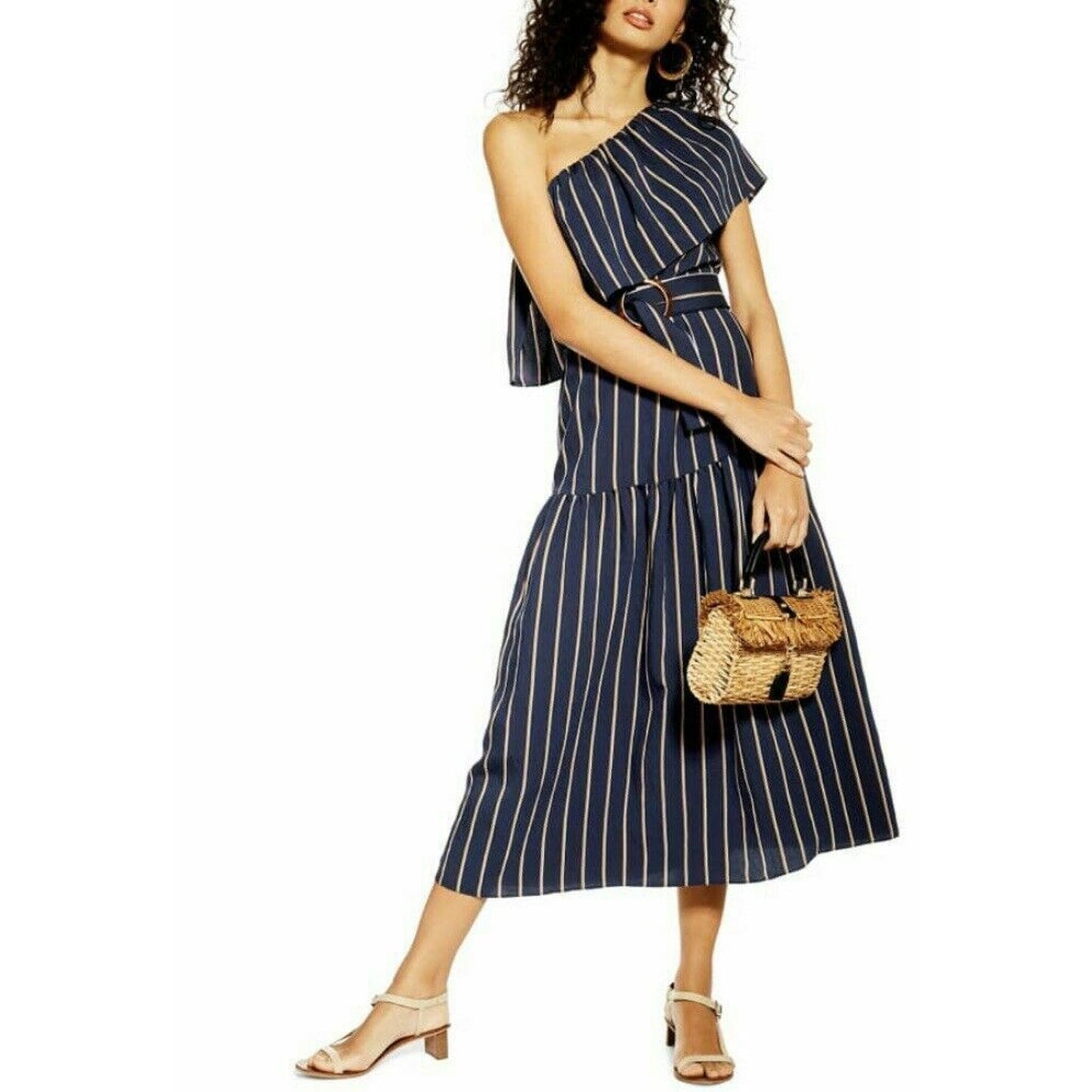 Topshop One Shoulder Striped Belted A-Line Midi Dress Blue/Brown Size 4