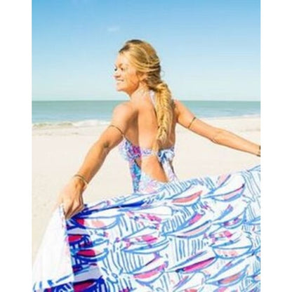 Lilly Pulitzer RRR Red Right Run Beach Towel Right Return Sail Boats Blue