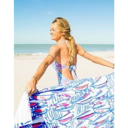 Lilly Pulitzer RRR Red Right Run Beach Towel Right Return Sail Boats Blue