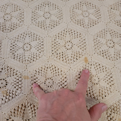 Hand crochet scallop edge Coverlet table cloth Cream Handsewn VINTAGE 72" x 86"