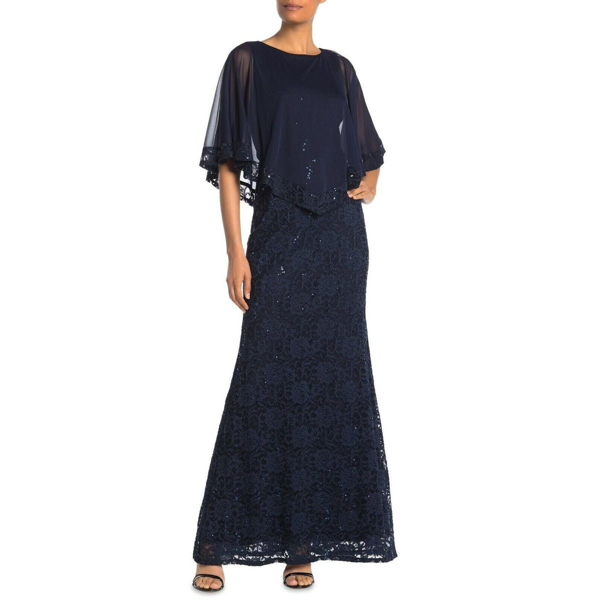 Onyx Nite Sequin and Lace with Sheer Cape Overlay Formal Gown Size 4 Navy NWT