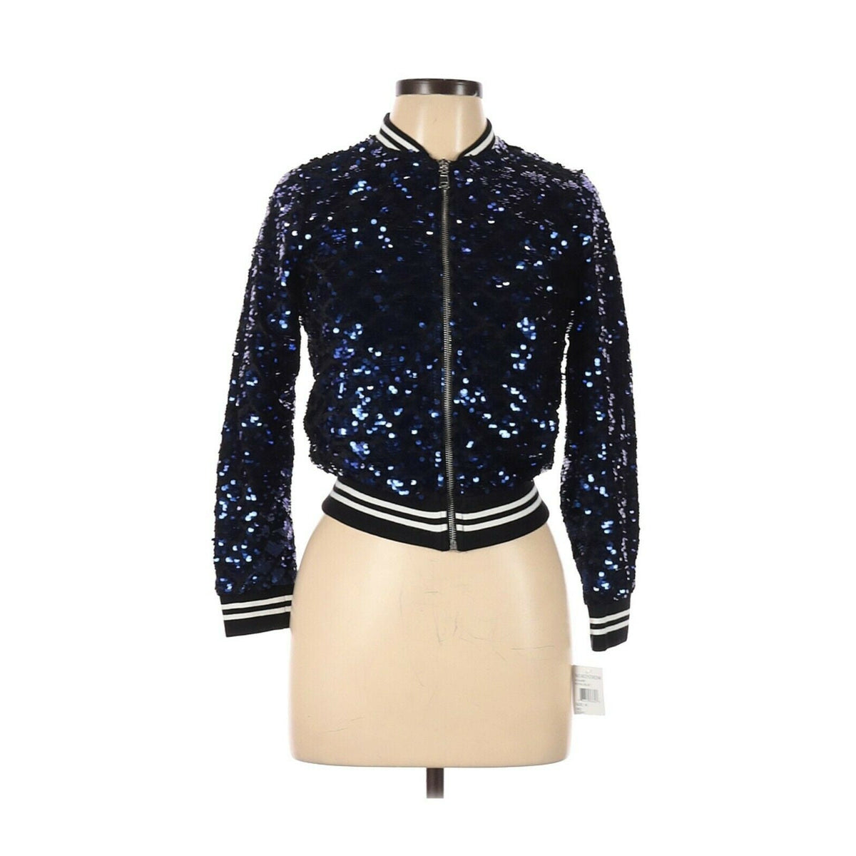 Urban Republic Sequined Front Full Zip Jacket Long Sleeve Cuff Black Blue Large