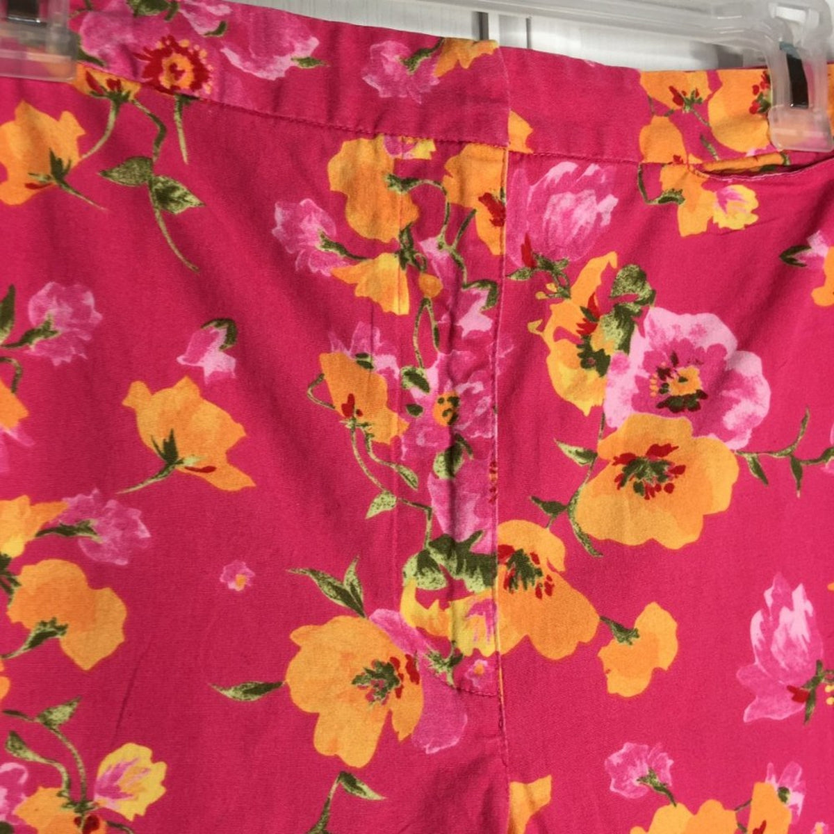 Emma James Stretch Capris Pant Pleated Front Bright Pink Floral Cotton Size 12