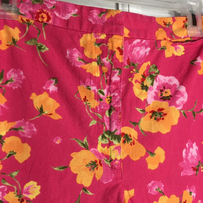 Emma James Stretch Capris Pant Pleated Front Bright Pink Floral Cotton Size 12