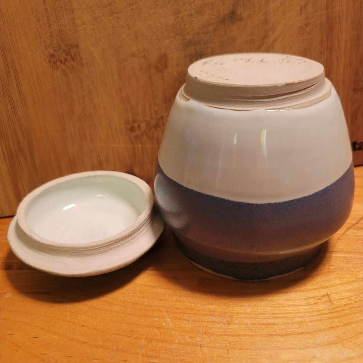 M. Law art pottery lidded jar clay Signed Studio blue Cream Apothecary Stash