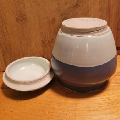M. Law art pottery lidded jar clay Signed Studio blue Cream Apothecary Stash