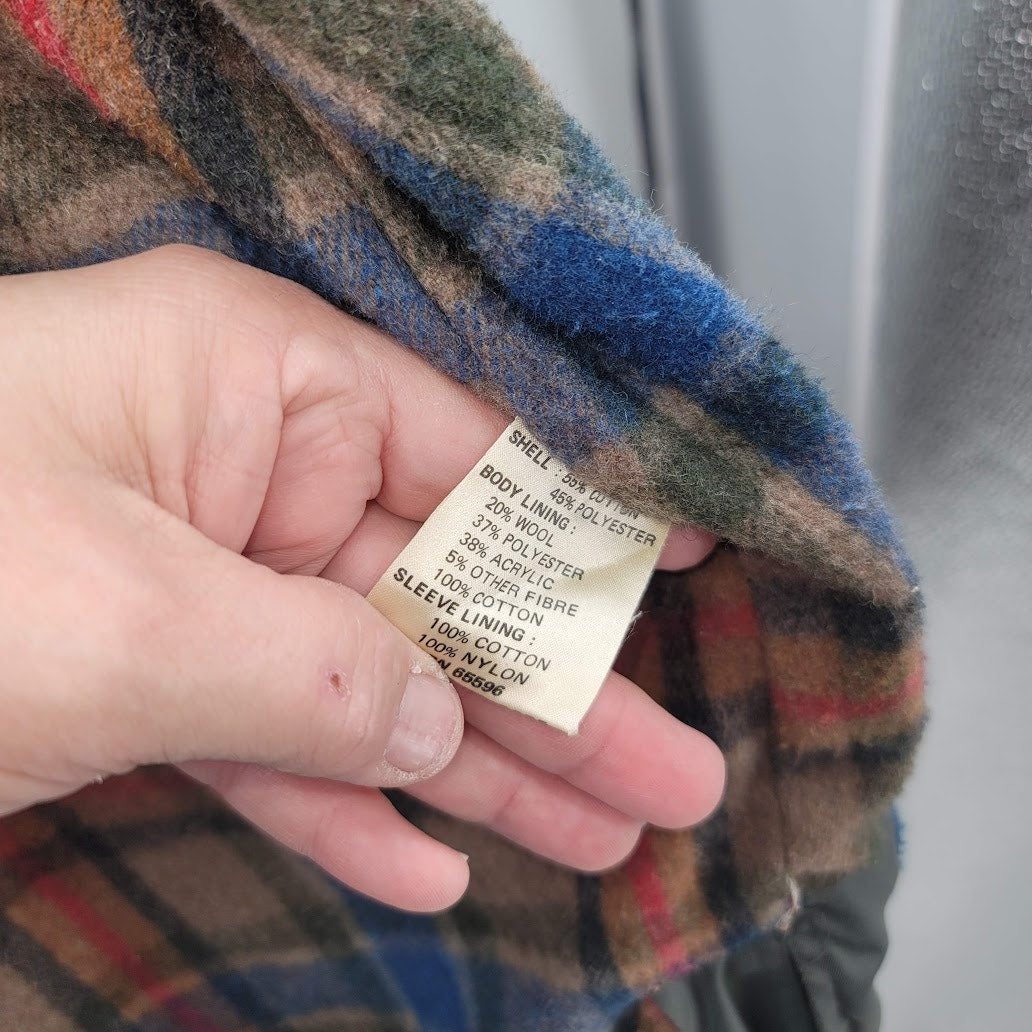 1980s FoxRun Two Plaid Lined Coat Jacket Taupe Round hem Pockets Thigh Length