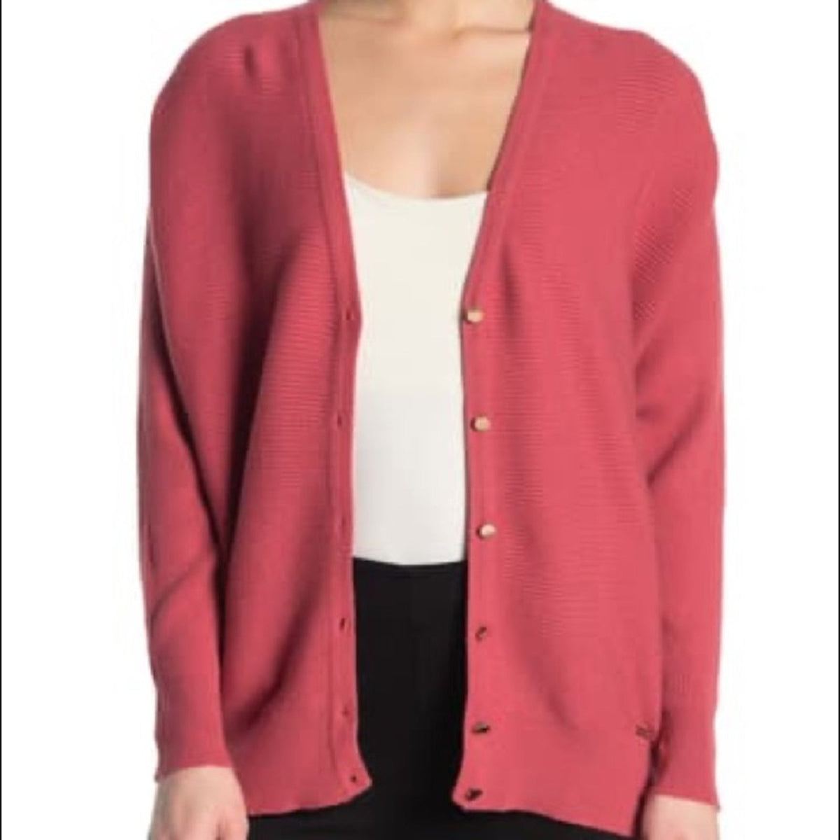 T Tahari Ottoman Ribbed Knit Button Front Cardigan Cozy Size Small Rust winter