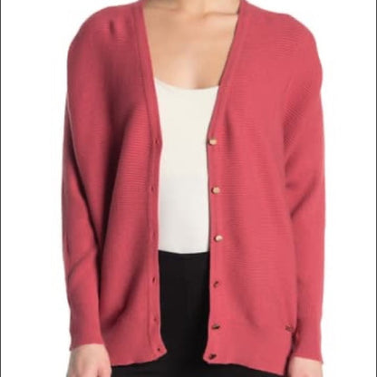 T Tahari Ottoman Ribbed Knit Button Front Cardigan Cozy Size Small Rust winter