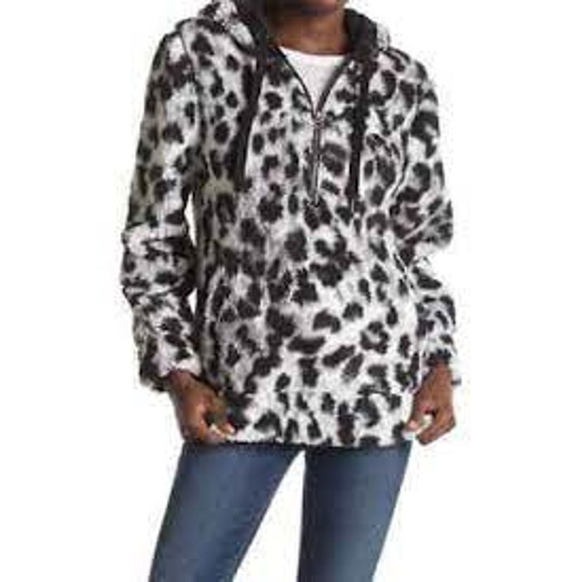 Te Verde Faux Fur Leopard Print Quarter Zip Hoodie Faux Shearling Size Small