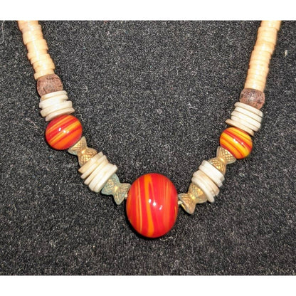 Vintage Moroccan Style Red Glass Wood Shell Metal Beaded Necklace 14"