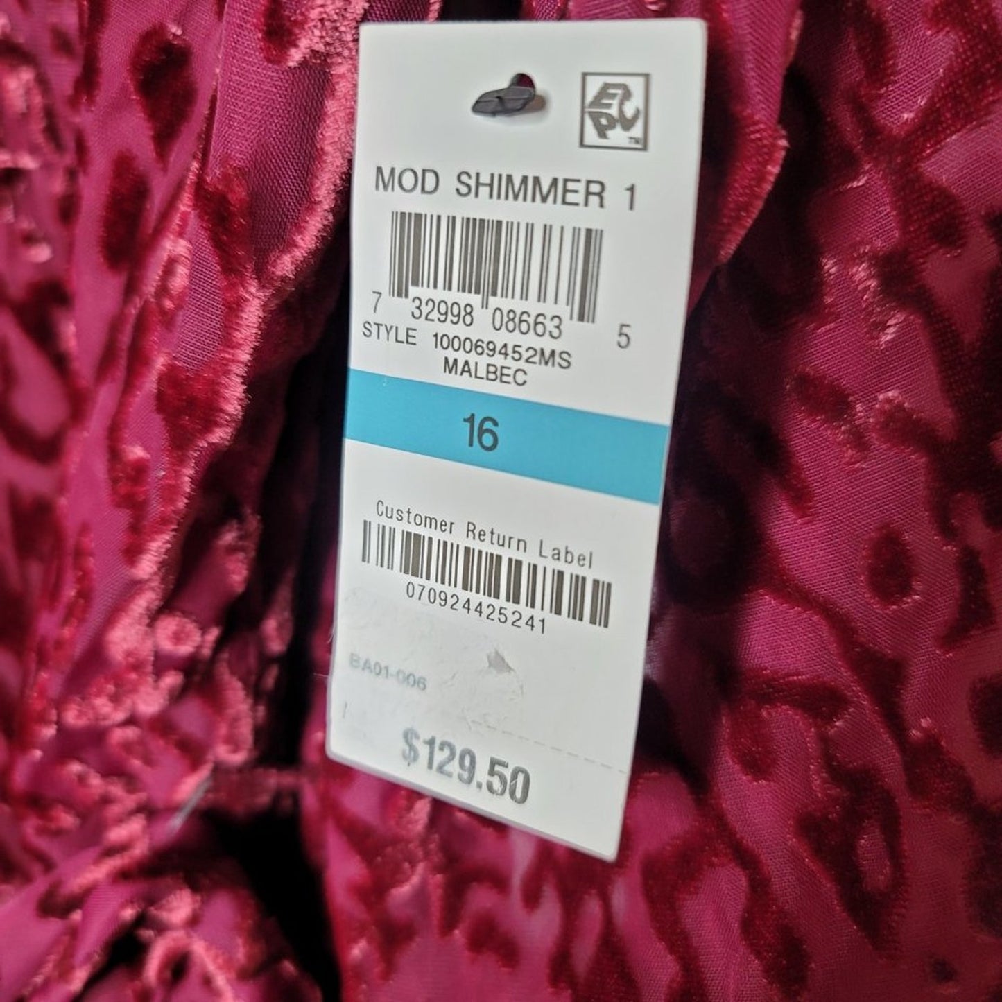 Alfani Velvet Burnout Belt Shirt dress Malbec Wine Size 16 Long Sleeve NEW $130