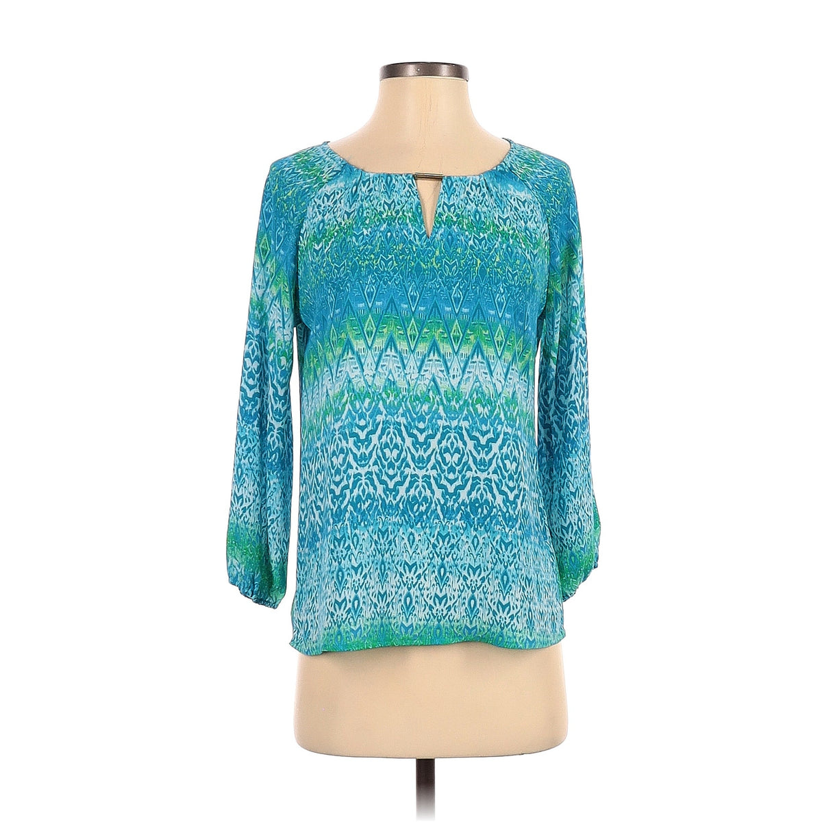 New Directions 3/4 Sleeve Blouse Size Small Blue Green Geometric Pattern