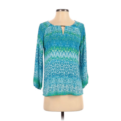 New Directions 3/4 Sleeve Blouse Size Small Blue Green Geometric Pattern
