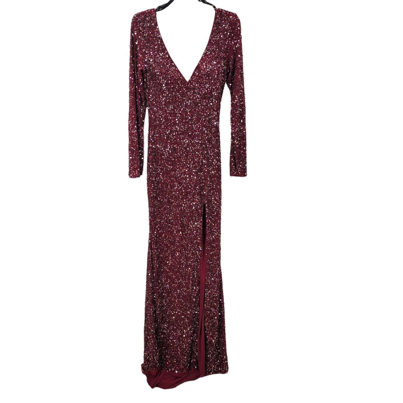 Mac Duggal Sequin Maxi Gown Dress Front slit long sleeve Evening Wine Back Zip
