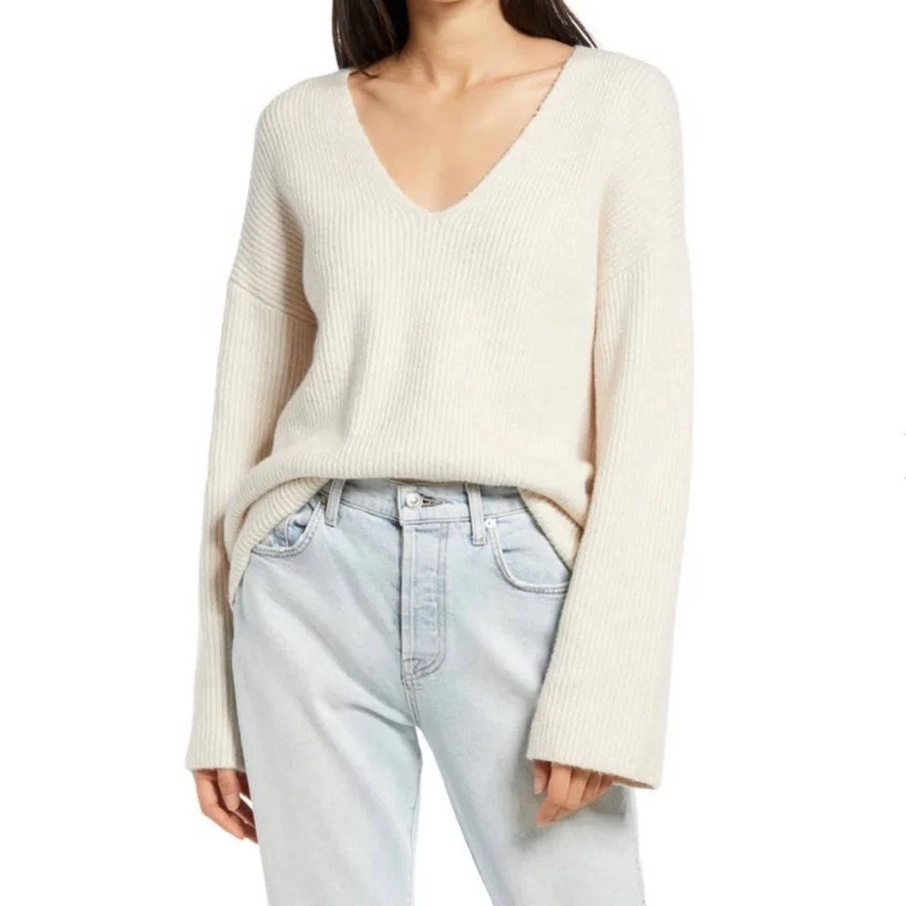 Treasure & Bond Rib Pullover Sweater Large Beige Oatmeal NWT Long Flare Sleeve