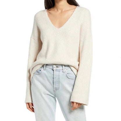 Treasure & Bond Rib Pullover Sweater Large Beige Oatmeal NWT Long Flare Sleeve