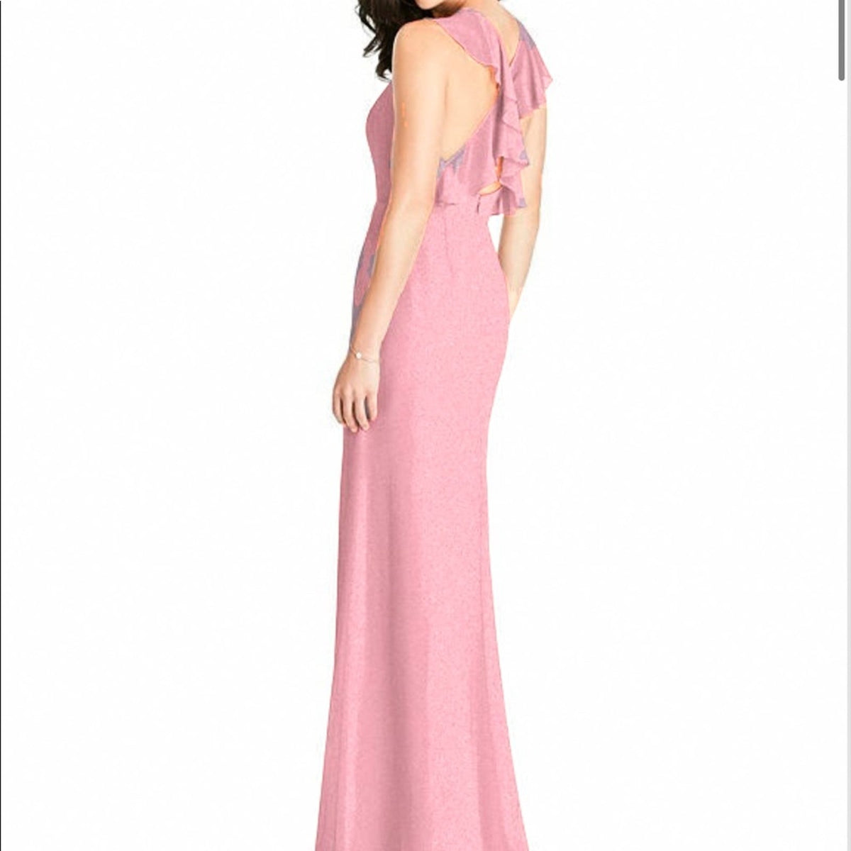 Dessy Collection Halter Neck Ruffle Back Column Dress Chiffon Gown Size 10 Pink Apricot