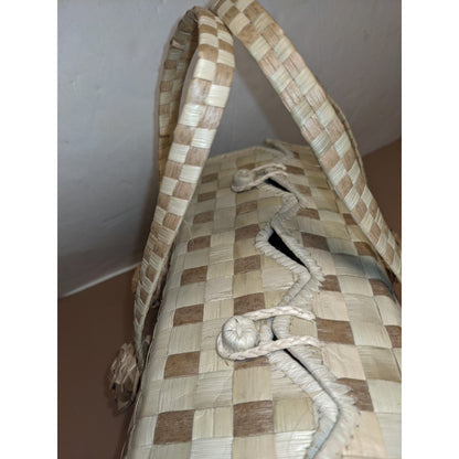 Clamshell Handmade Woven Purse with Flowers Bamboo or Grass Handbag Very Stiff