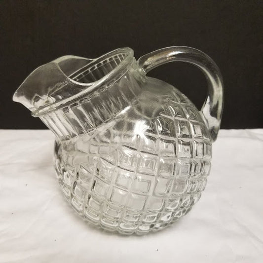 Vintage Clear Glass Petite Globe Ball Pitcher Ice Lip Crosscut Pressed Pattern