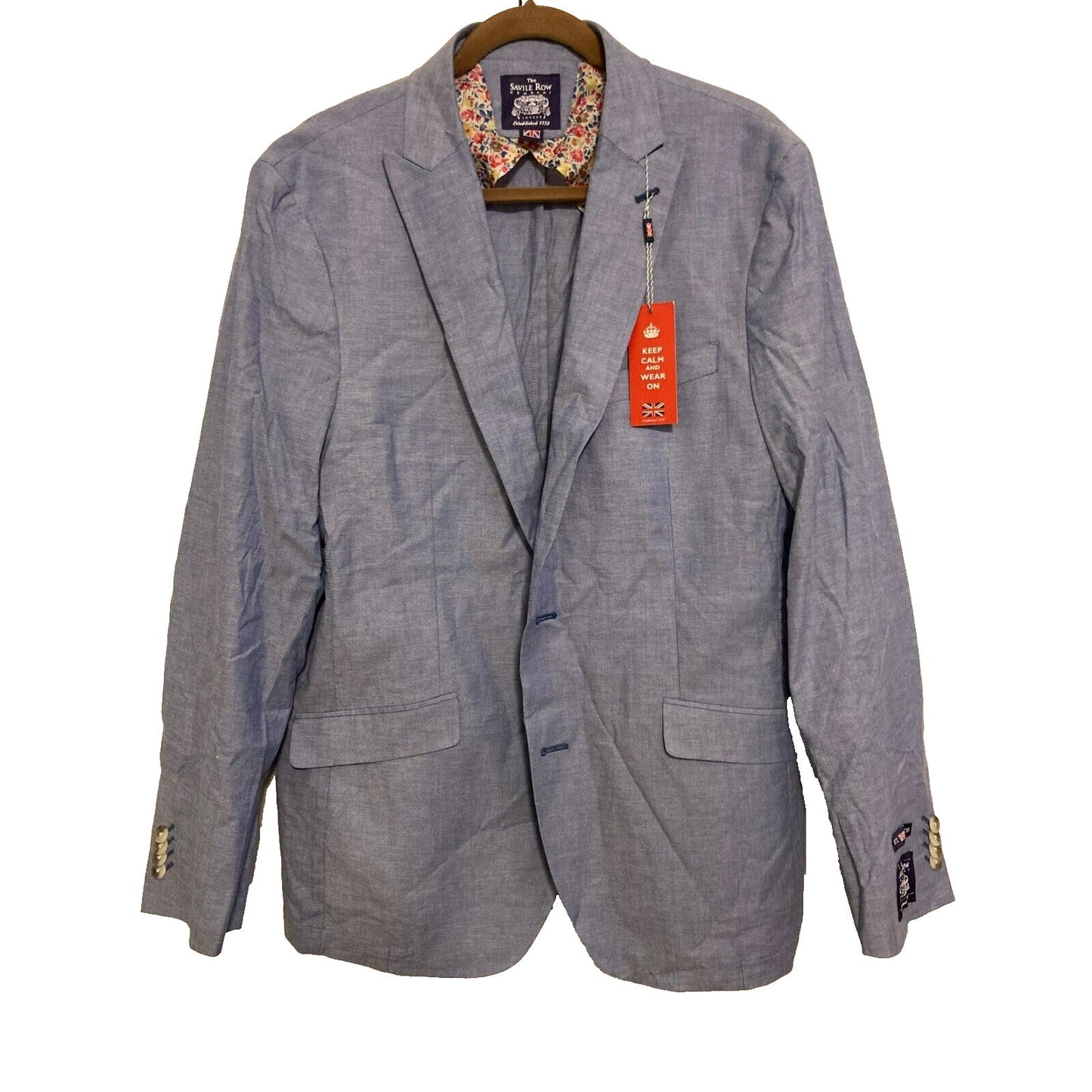 THE SAVILE ROW Sloane Chambray Cotton Brit Slim Suit Jacket Blazer 42L Blue NWT
