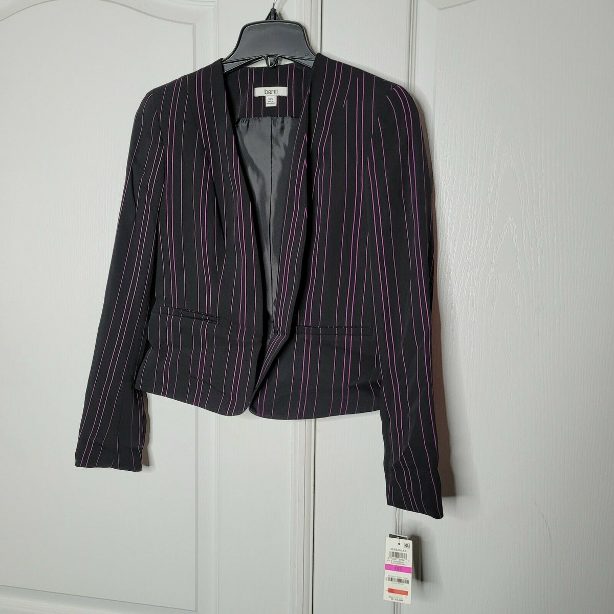 Bar III Open-Front Blazer Jacket Long Sleeve Striped Black/Begonia Career XXS
