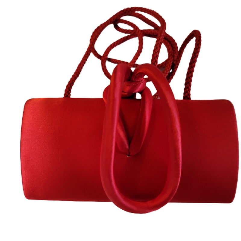 TINY Solid Cylinder Clutch Cross Body Purse Double Handle Strap Red