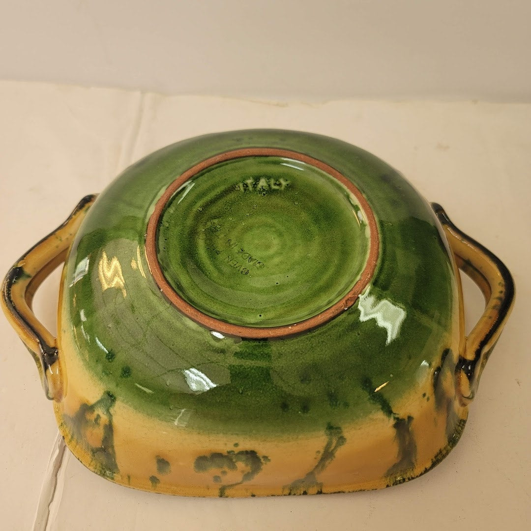 VINTAGE Majolica Art Pottery Italian Serving Bowl yellow green Drip Glaze Italy