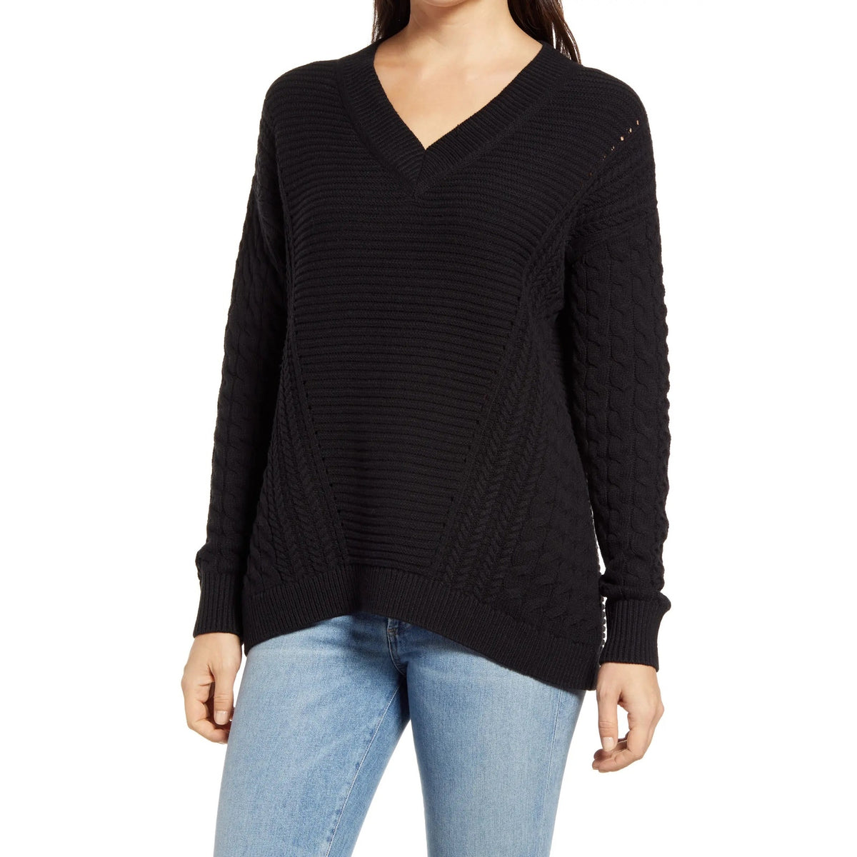 Caslon NWT Black Cable Knit Sleeve V-Neck Ribbed Sweater Size XS