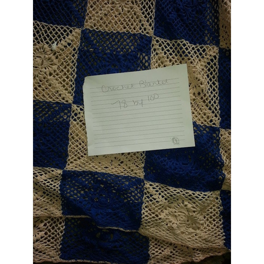 Vintage Blanket  Crochet Coverlet Bedspread DAMAGED Queen Blue Cream