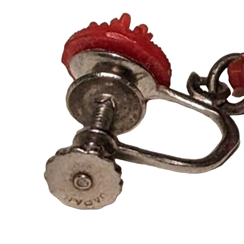 Vintage Clip On Earrings Red Flower Rhinestone Center Dangle Charm Japan 1950