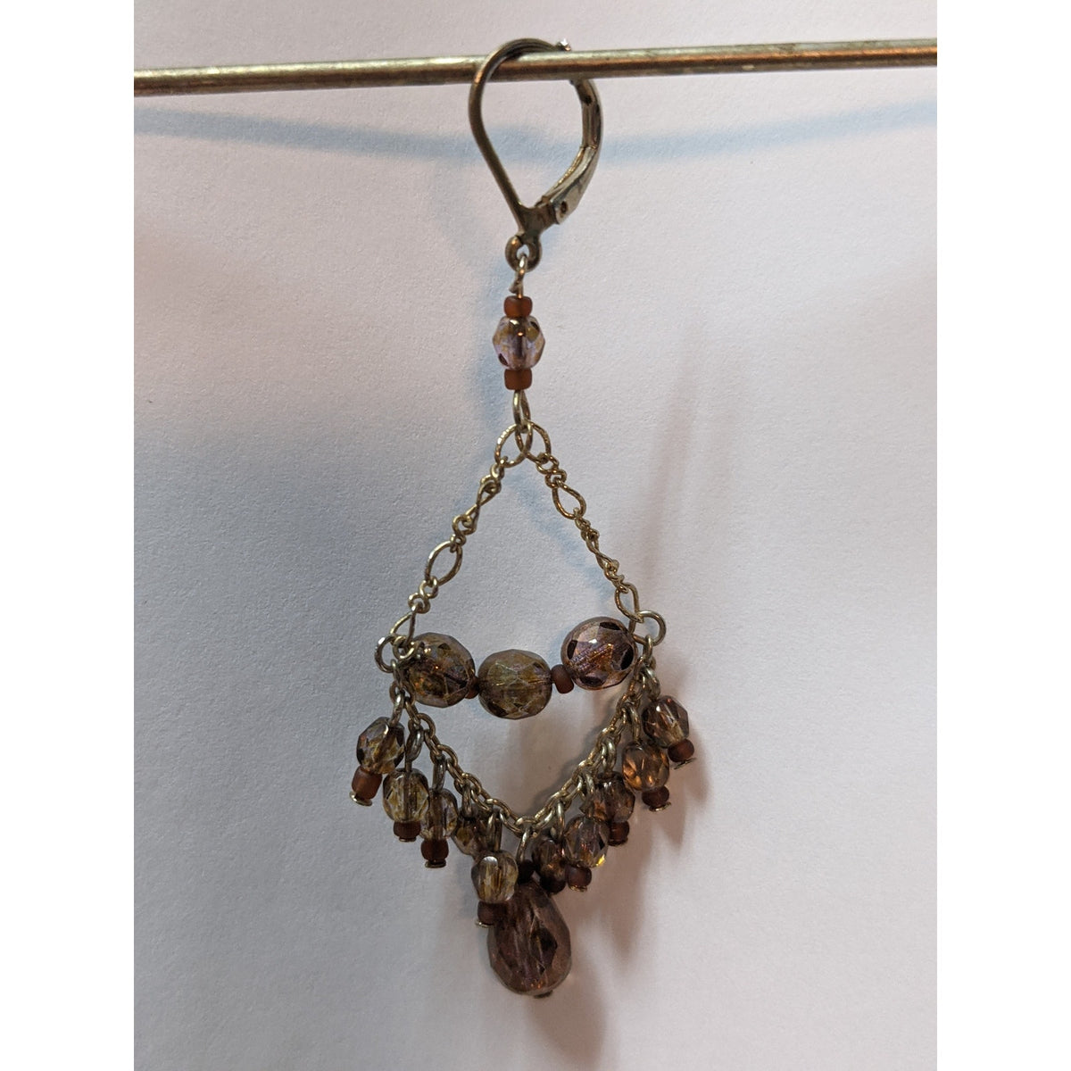 Vintage Brown Glass Gold Tone Chain Chandelier Drop Earrings Dangle with Clasps