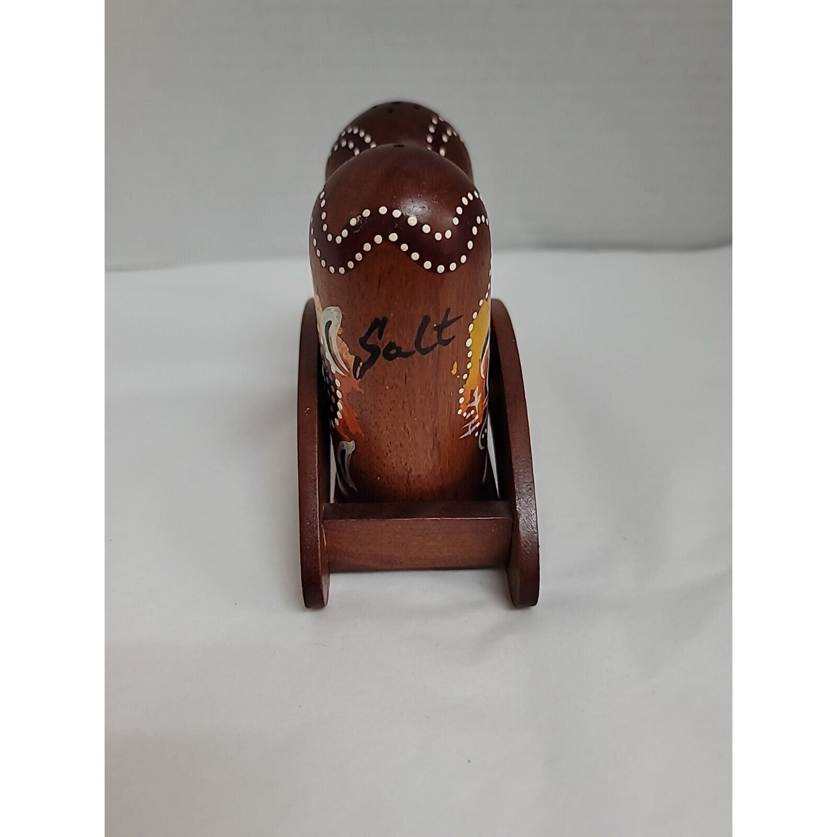 Australia Aboriginal Kangaroo Handmade Painted Wooden Salt Pepper Shakers Stand