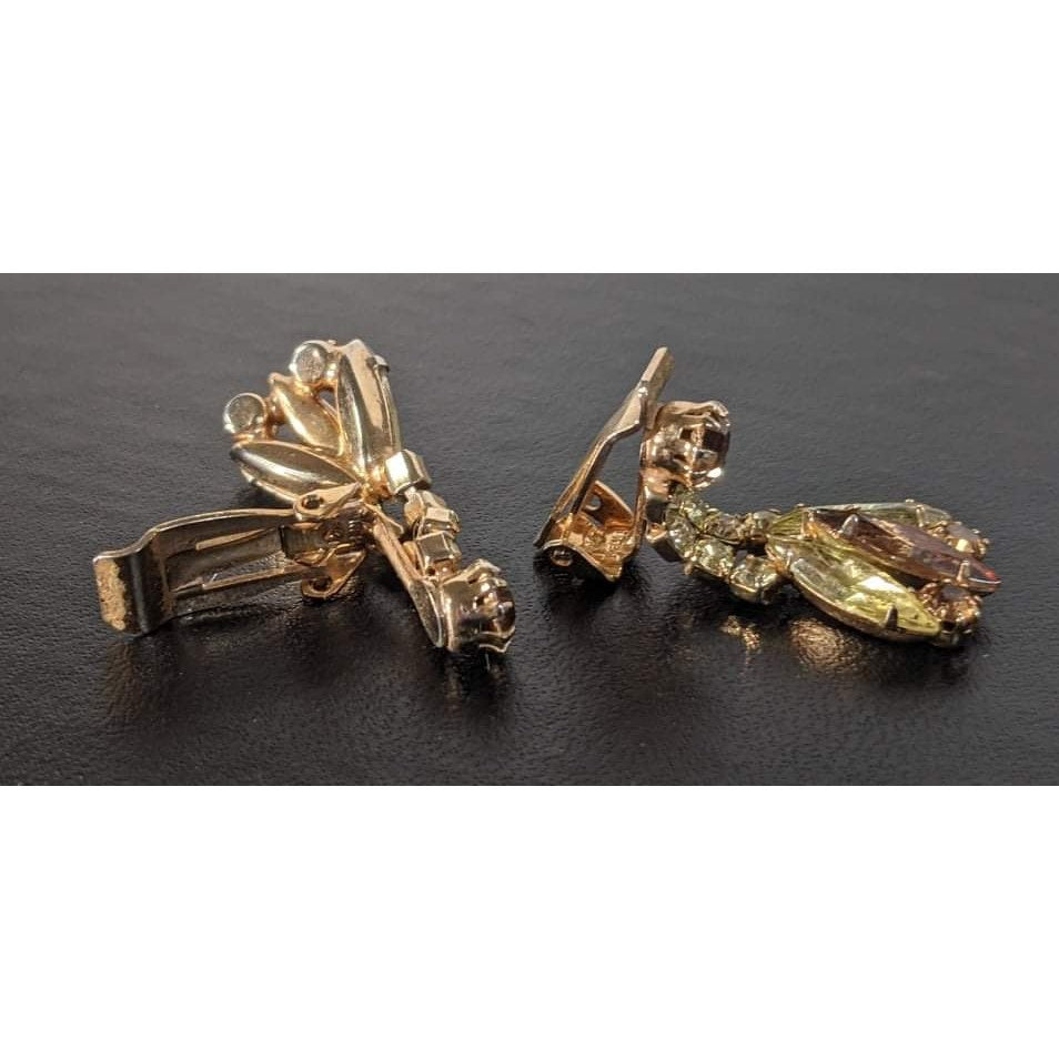 Vintage Amberina Pink Rhinestone Goldtone Drop Clip Earrings Retro Glamour