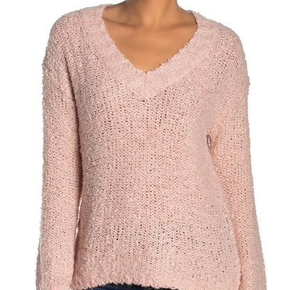 Susina NEW Pink Fluffy Boucle Knit Pullover Sweater V-Neck Large