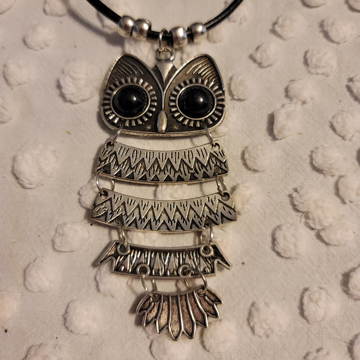 Handmade Owl reticulated on black necklace silvertone Madeira Portugal