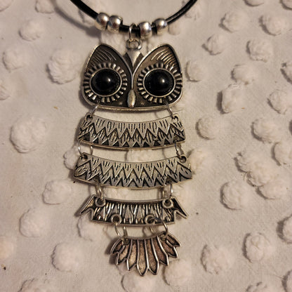 Handmade Owl reticulated on black necklace silvertone Madeira Portugal