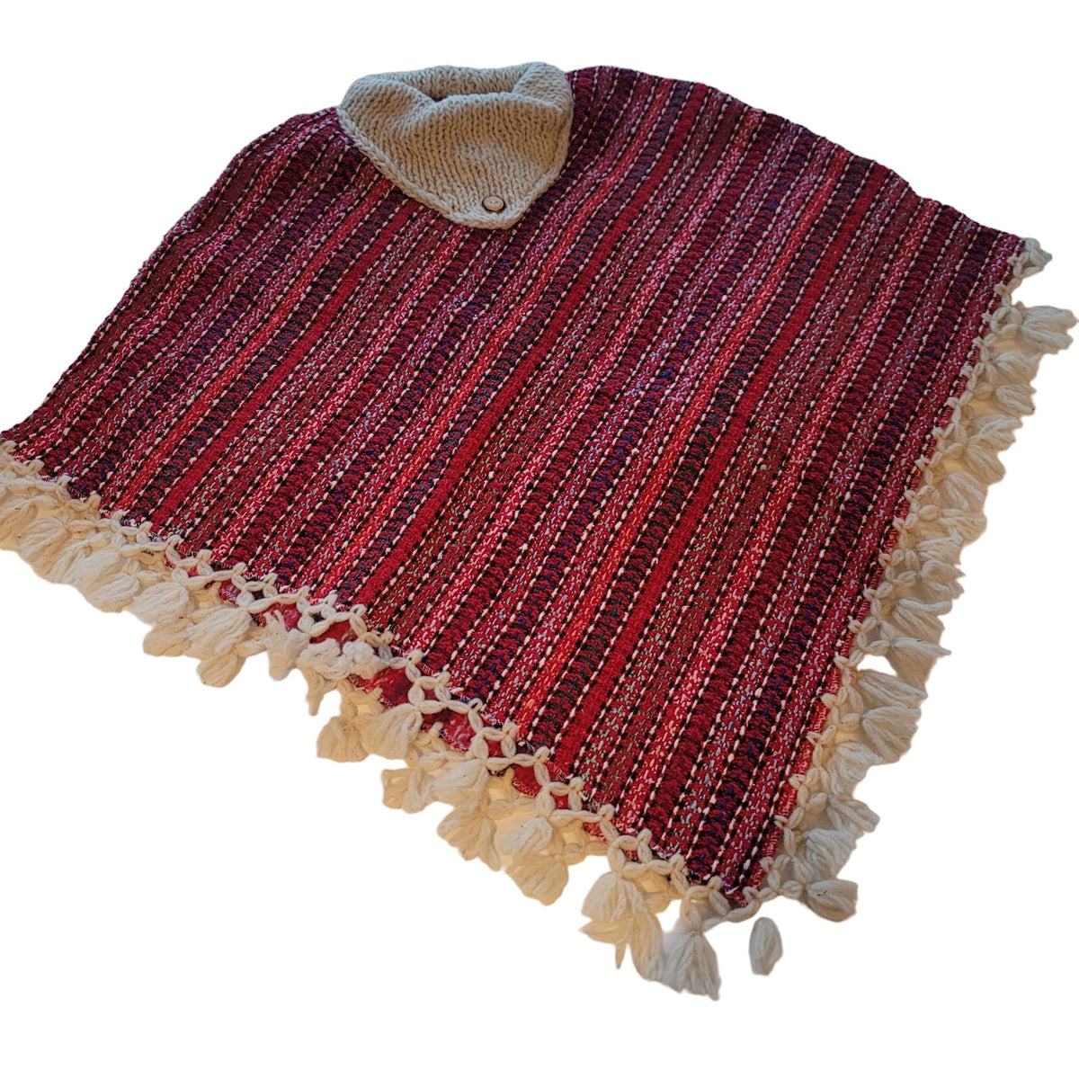 Handmade heavy poncho fringe wood button Winter One Size Multicolor Wool Cotton