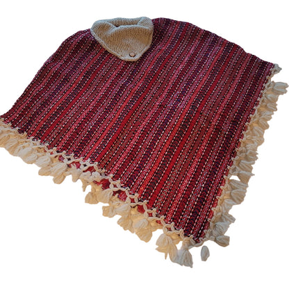 Handmade heavy poncho fringe wood button Winter One Size Multicolor Wool Cotton