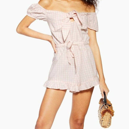 NEW Topshop Pink Gingham Bardot Romper Size 8