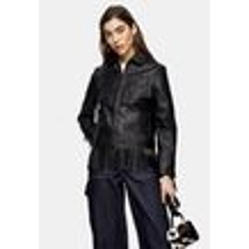 Topshop NWT Fringe Trim Faux Leather Jacket Black Size 4 US Moto Coat X-Small