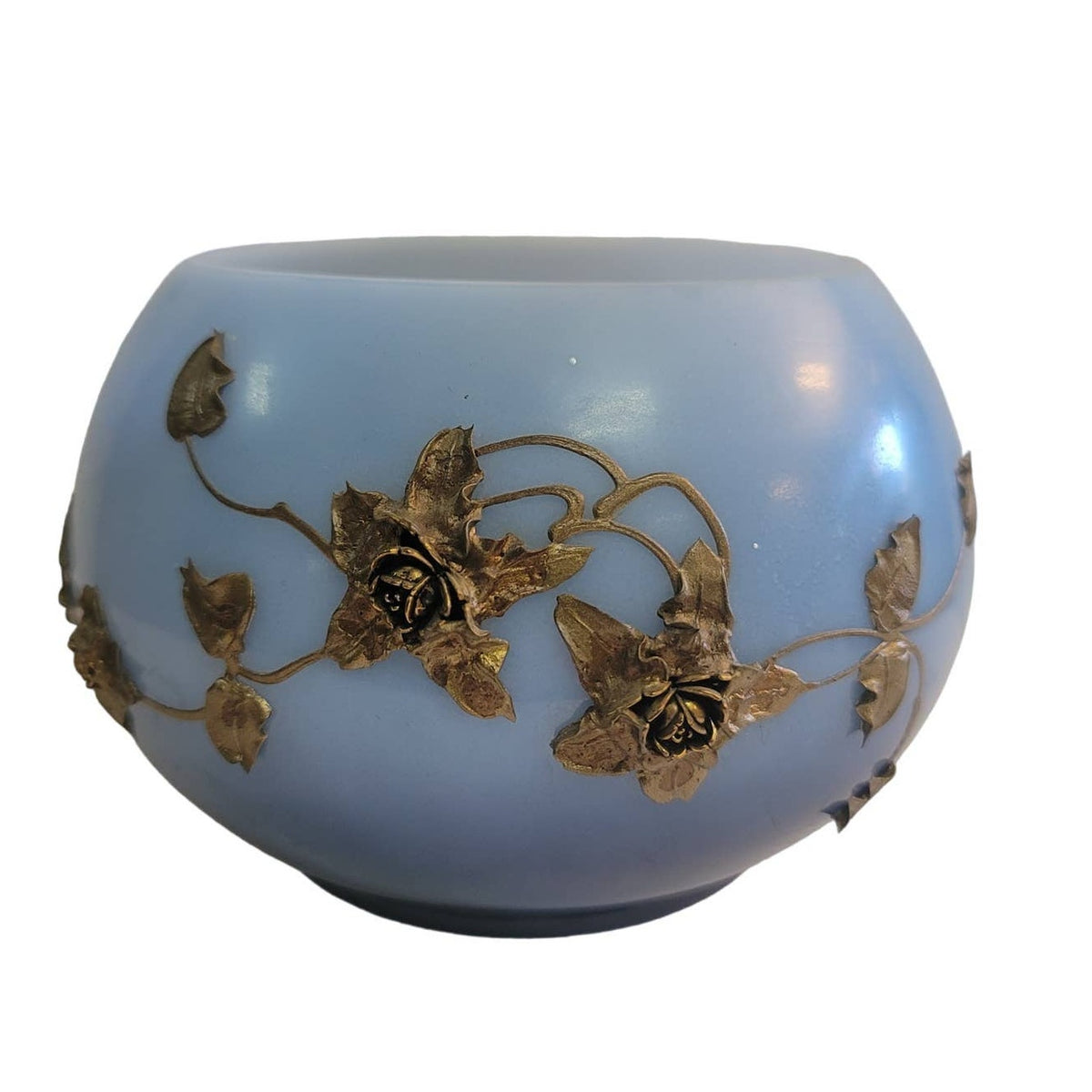 Satin glass bowl vase blue white gold ombre gold moriage Vintage
