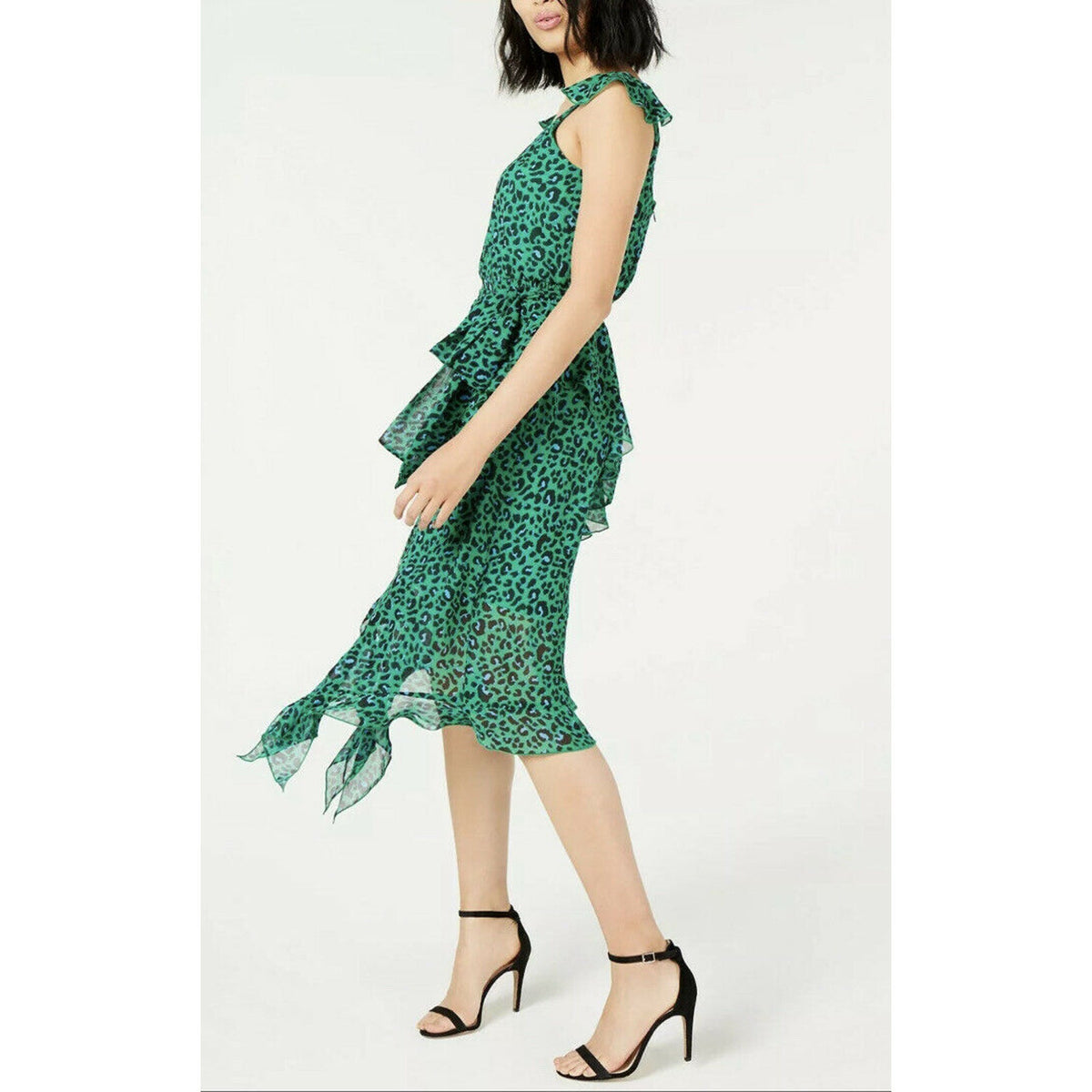 INC International Concepts Women's Cheetah Ruffled Dress Green 16