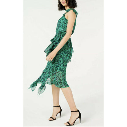 INC International Concepts Women's Cheetah Ruffled Dress Green 16