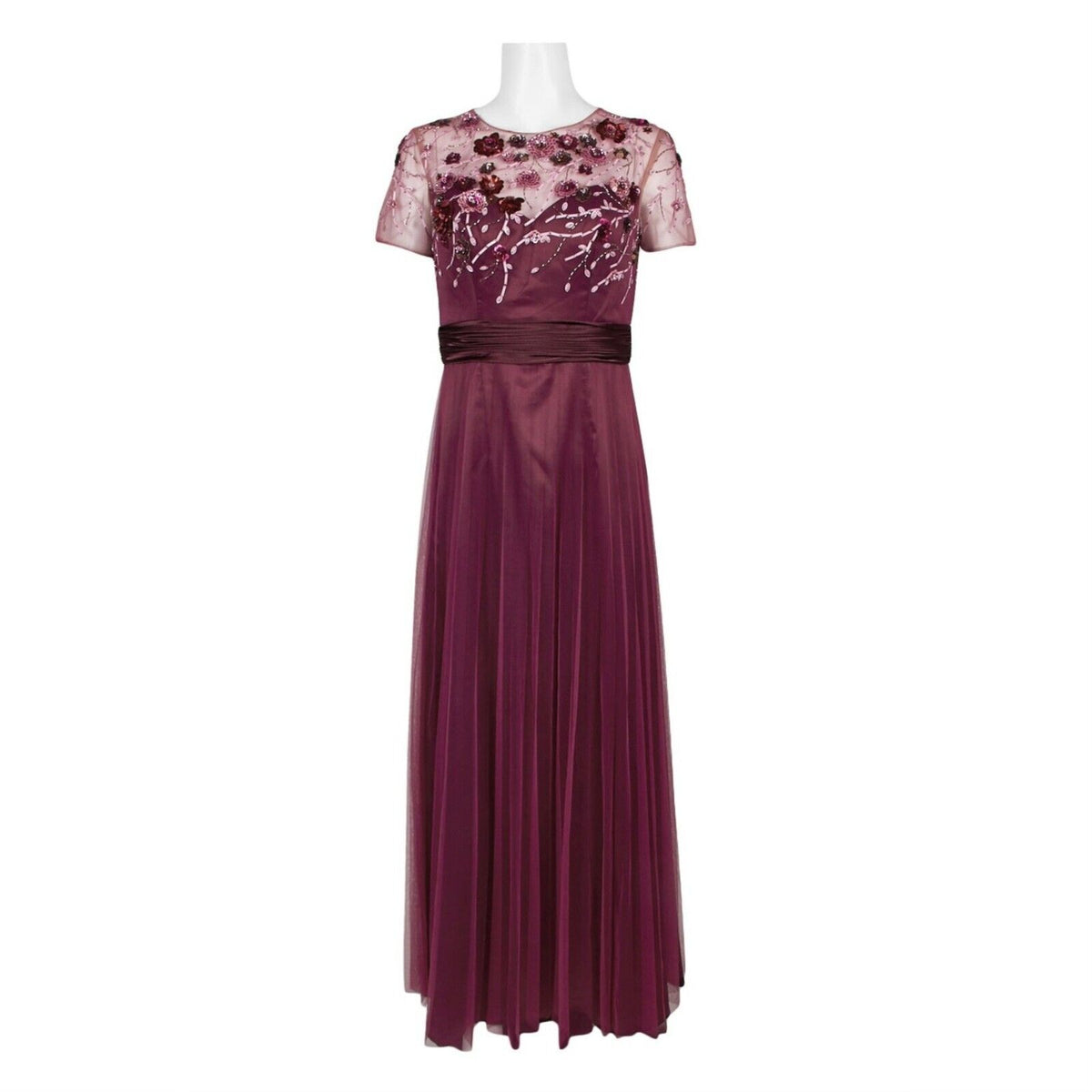 JS Collections Mesh Embellished Bodice Short Sleeve Dress Sz 16 Burgundy NWT